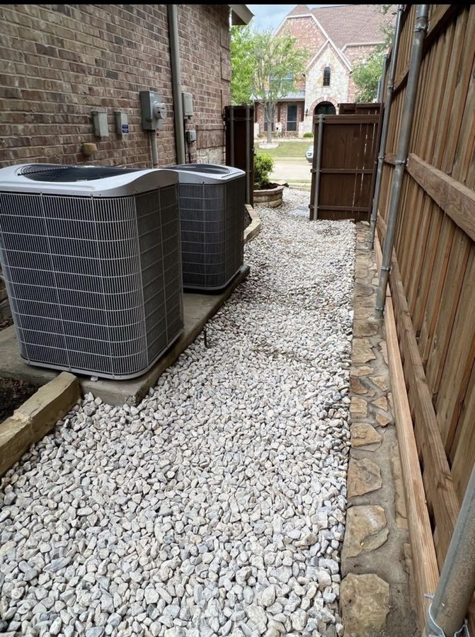 A side yard that stayed wet, fixed with gravel and stone in Allen — Around the AC condensers